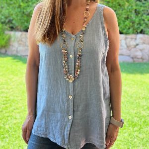 Blusa Pabilo Lino azul jeans detalle 4 — Ofertas, Ofertas, Poleras/blusas/tops | Loca Tentación Chile